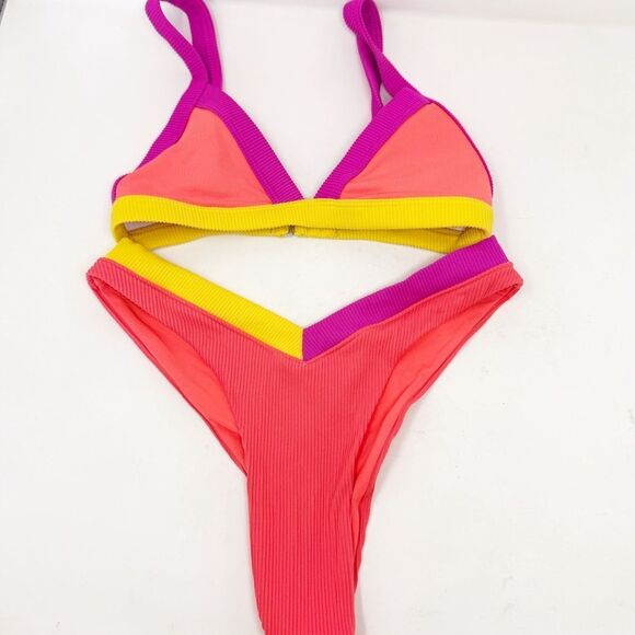 Oneone bikini Ribbed Neon Orange Triangle Bikini Set Beach Medium Large